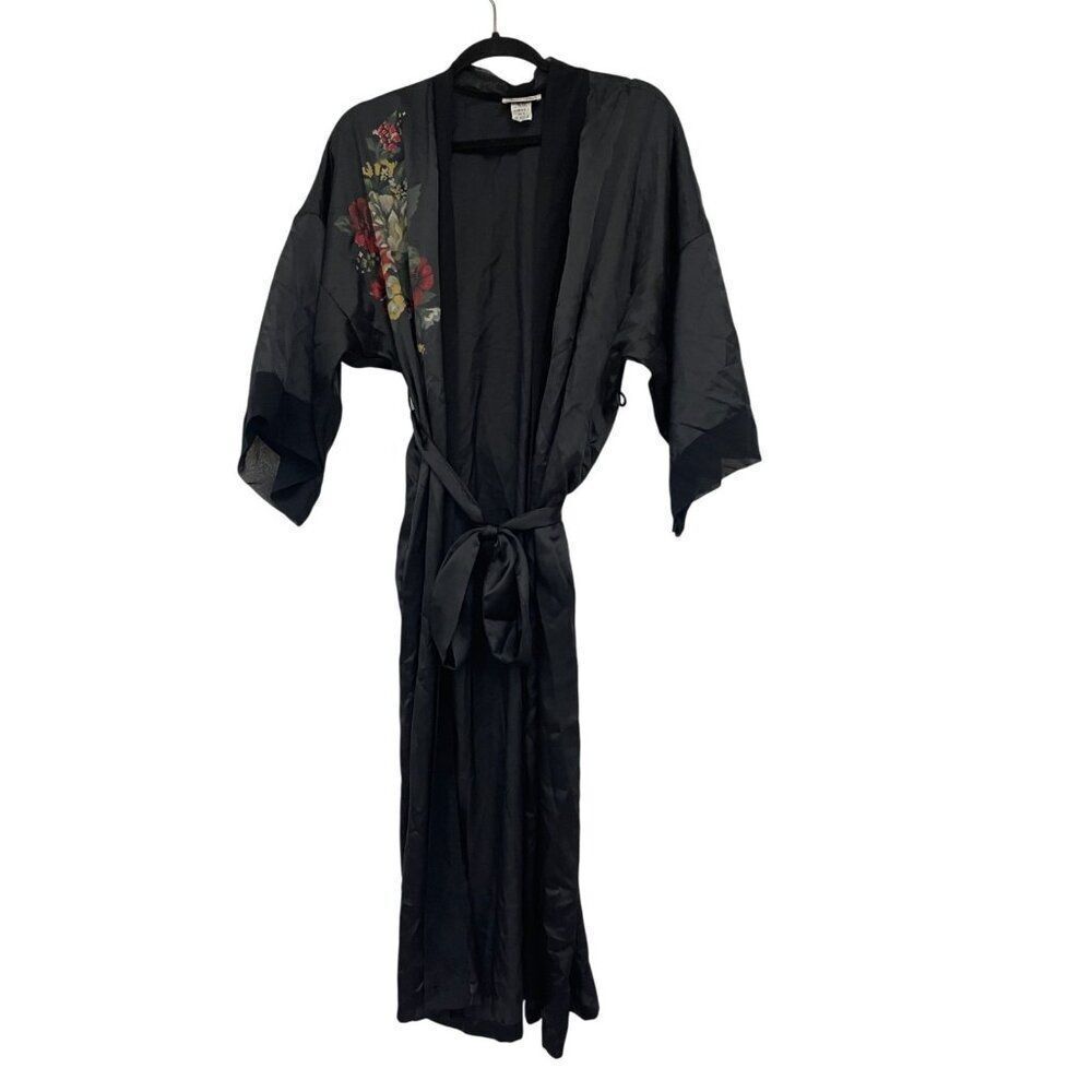 Vintage 70s Miss Dior Womens Robe Small S Black Floral Polyester Kimono Sleeves
